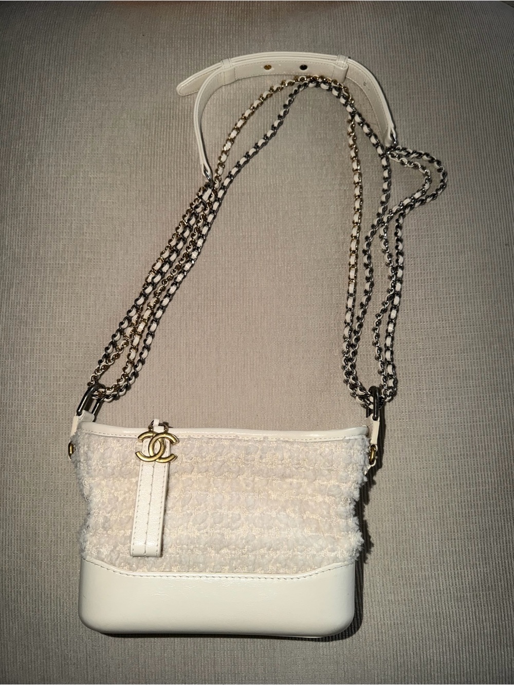 Chanel Small Gabrielle Hobo White/Ivory Tweed Calfskin Mixed Metal Hardware